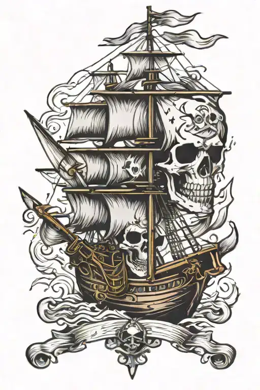 Skull Pirate Ship Pirate Flag Intertwined