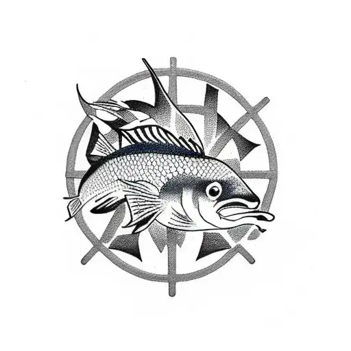 A Dotwork Tattoo Of A School Of Fish Swimming In A River Surrounded By Lush Greenery