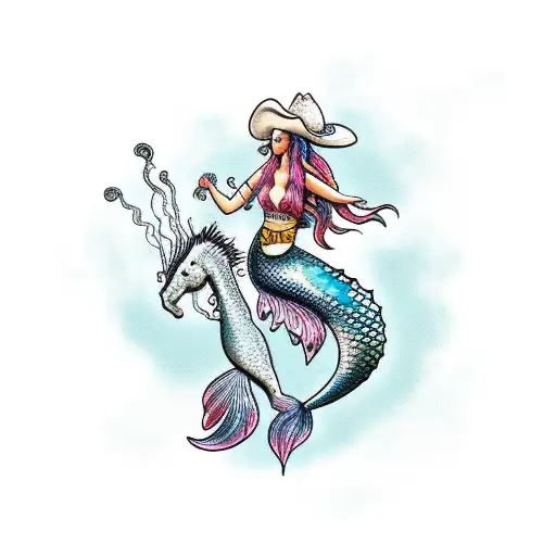 Mermaid Riding Seahorse With Cowboy Hat