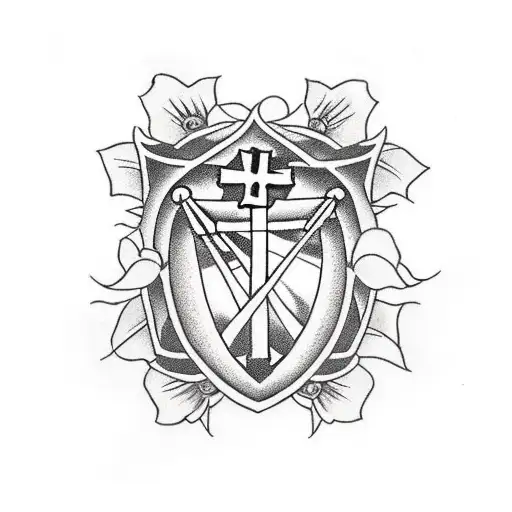 Christian Cross Irish Harp And Roses On A Battle Shield