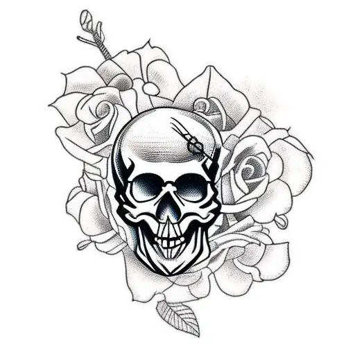 Skull With Barbed Wire And Flowers
