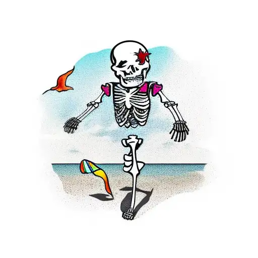 Full Body Skeleton At The Beach Wearing Only Colorful Shorts And Sunglasses