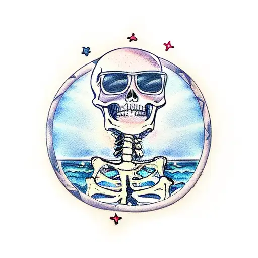 Skeleton At The Beach Wearing Only Colorful Shorts And Sunglasses