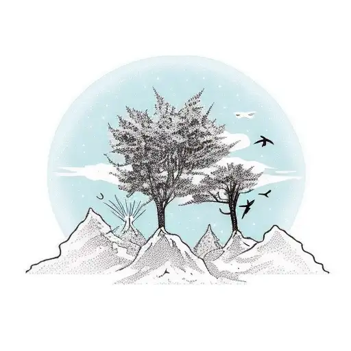 3 Trees In The Background With A Crow And A Blue Jay Flying