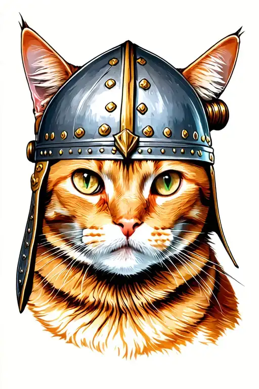 A Ginger Cat Wears A Gimli Viking Helmet