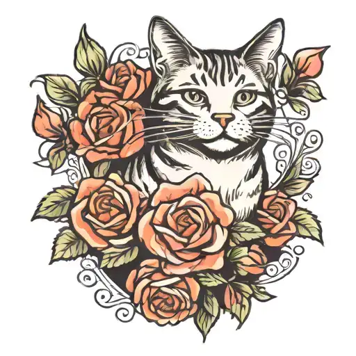 A Traditional Style Tattoo Of A Cat Wearing Headphones Surrounded By Blooming Roses