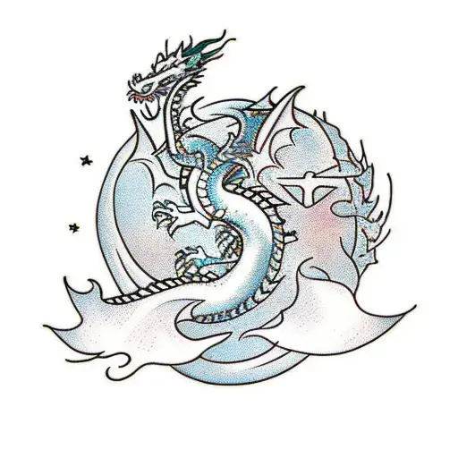 Dragon With A Sword And Flowers With Stars