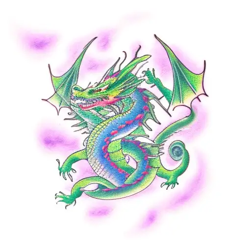 Dragon Green And Purple Breathing Fire While Lifting Weights