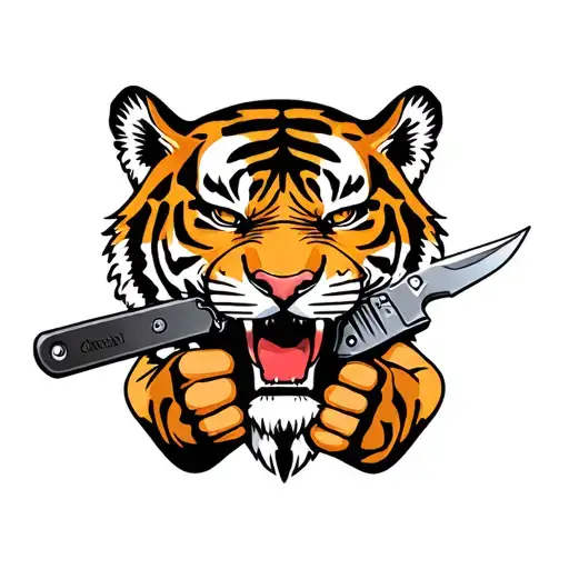 A Tiger Head Holding A Switchblade In His Mouth