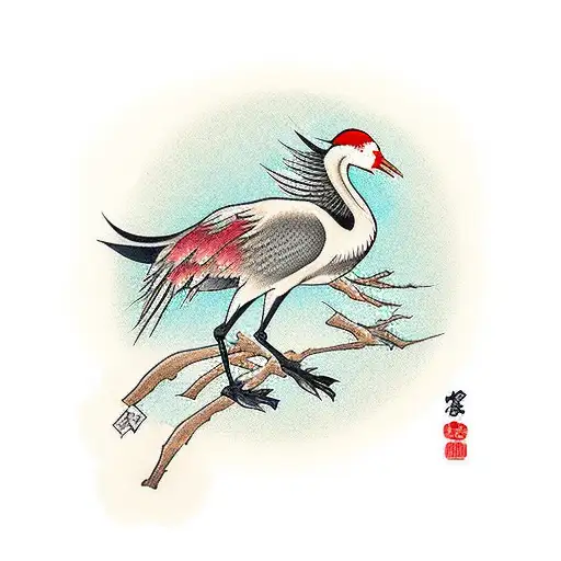 A Traditional Japanese Crane Gracefully Perched On A Branch As The Sun Rises In The Background