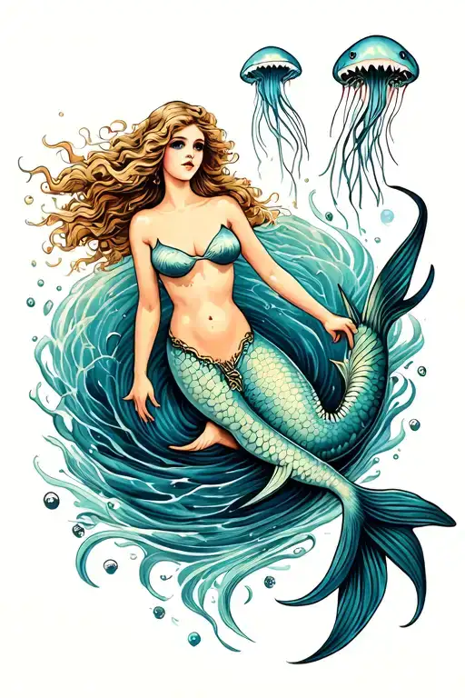 Mermaid With Shark And Jellyfish Floating Gracefully