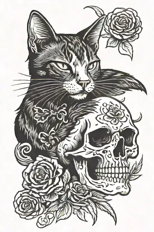 Skull And Black Cat Sleeping