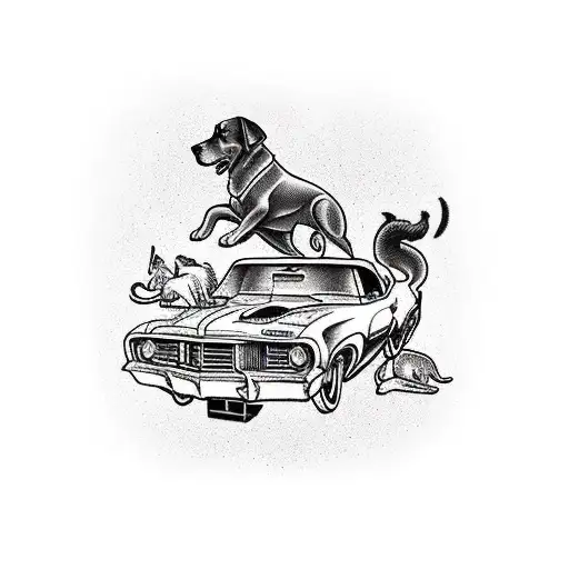 Incorporate A Classic Muscle Car Surrounded By A Pack Of Loyal Dogs In A Traditional Tattoo Design