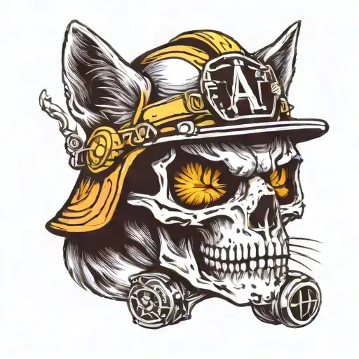Cat Skull Wearing Firefighting Helmet