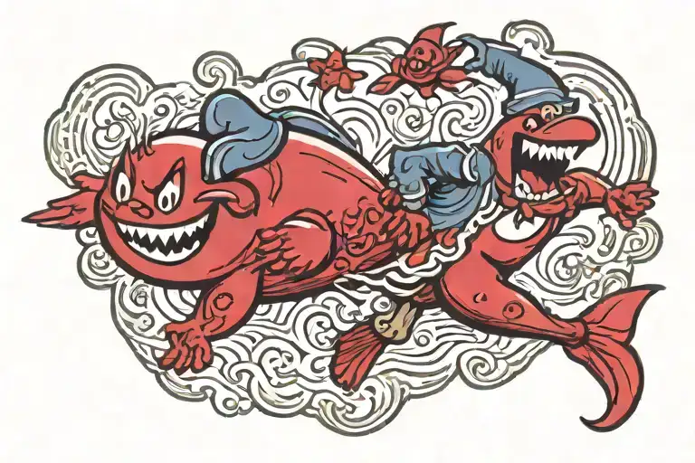 Kool Aid Man Riding Sharkleberry Fin Next To The Word Kool