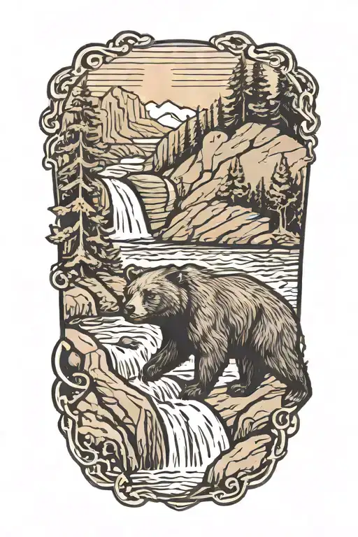 A Mama Bear In Cub Above A Waterfall