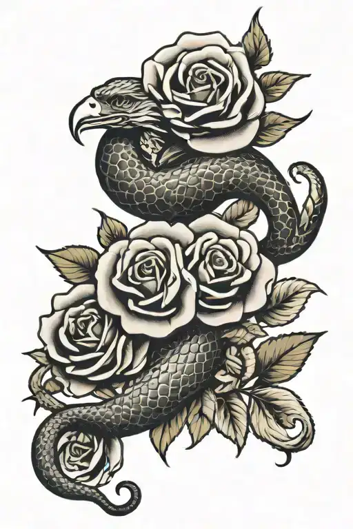 Snake Wrapping Around A Rose And Eagle