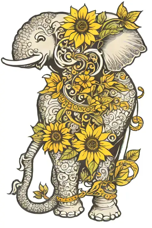 Balinese Elephant With Trunk Up Holding A Sunflower