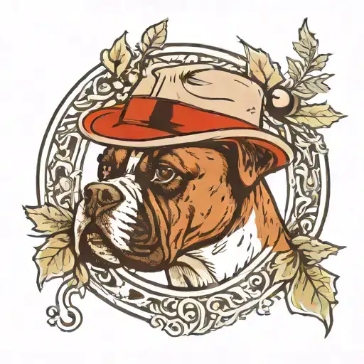 Boxer Dog In Hat Smoking Pipe Framed By Oak Wreath