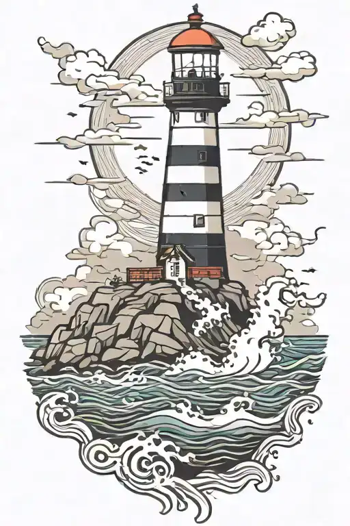 Non-working Lighthouse On A Rock In The Sea With Thunderstorm And Waves Tattoo Idea