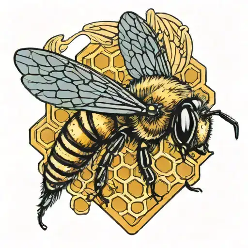Honeybee Hovering Over Honeycomb With Color Tattoo Design