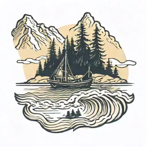 Mountain And Lake With Fishing Boat