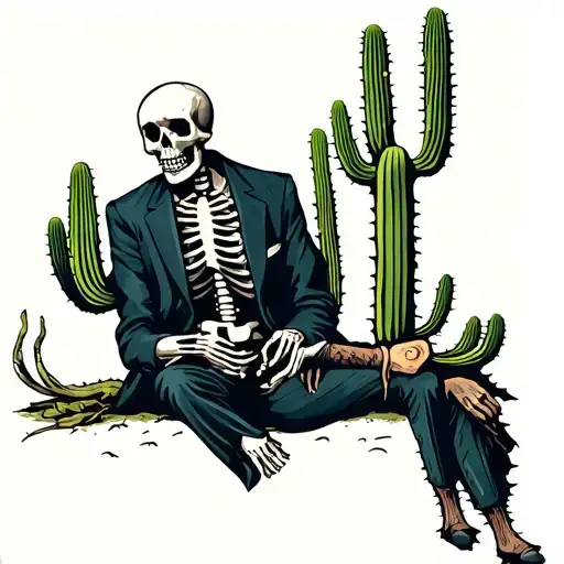 Skeleton In A Suit Sitting On The Arm Of A Cactus