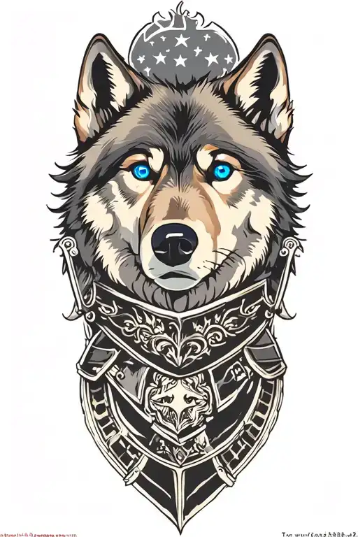 Wolf With Blue Eyes Looking Up On Armor Tattoo Design Featuring Goth