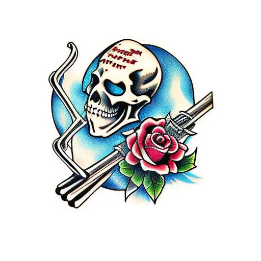 American Traditional Tattoo Flash Style Simple Skeleton Sweeping Up Pieces Of A Broken Heart