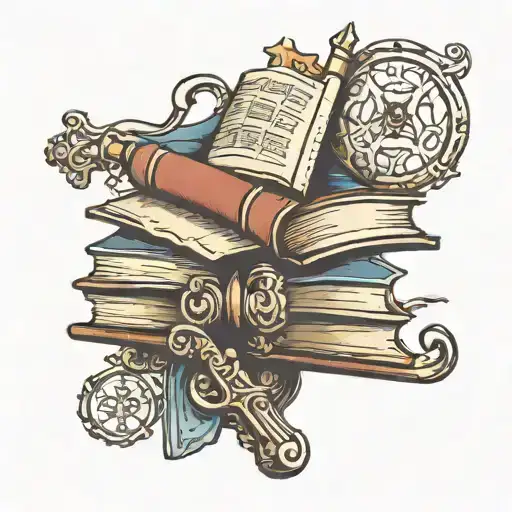 An Intricate Bookshelf Tattoo With Various Books Representing Different Aspects Of Christianity