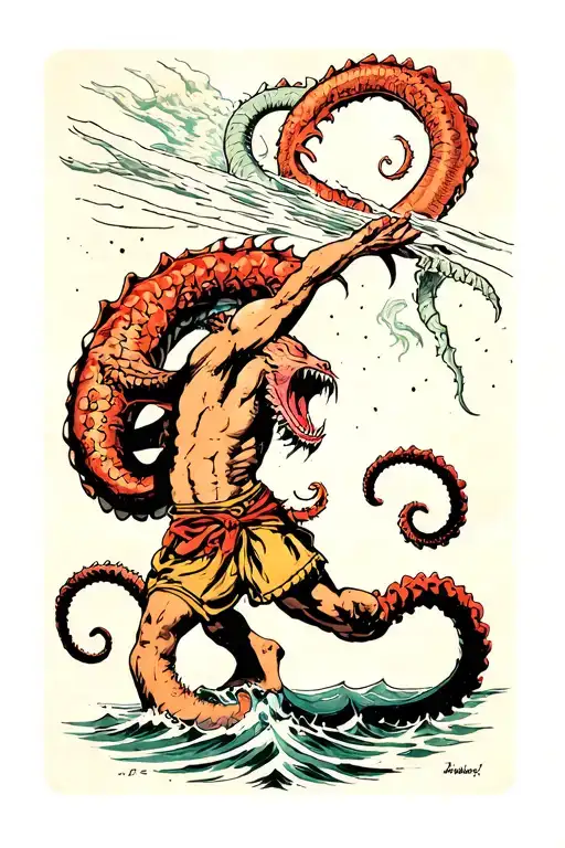 Posiden Fighting Off Kraken Reaching Towards The Heavens