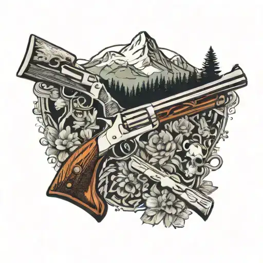 A Collection Of Various Firearms Arranged In A Symmetrical Pattern With Mountain And Forest Elements