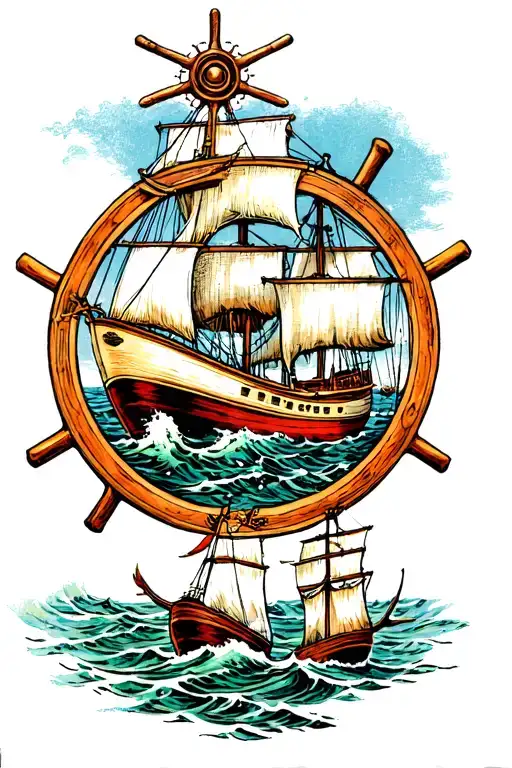 Two Boats In Circle With Ancor And Wheel With Sea Life