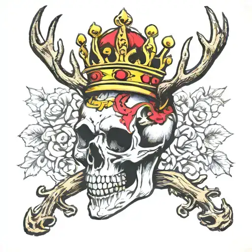 Human King Skull With Deer Antlers