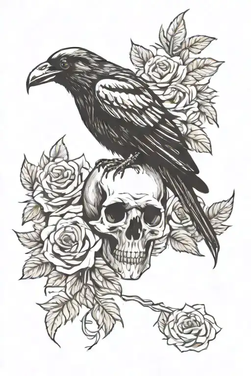 Raven Skull Roses Intertwined