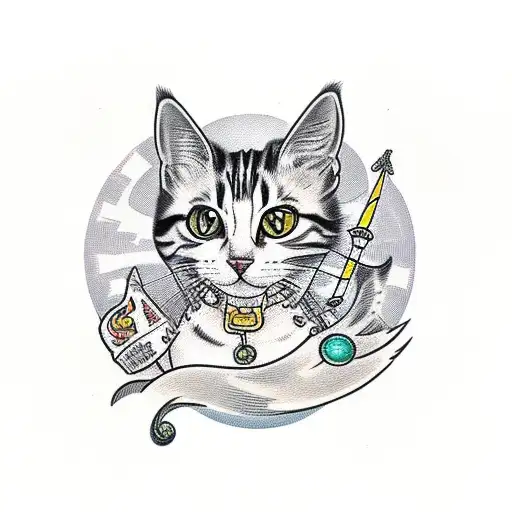 Calico Tabby Cat With Yellow Halp Behind Her