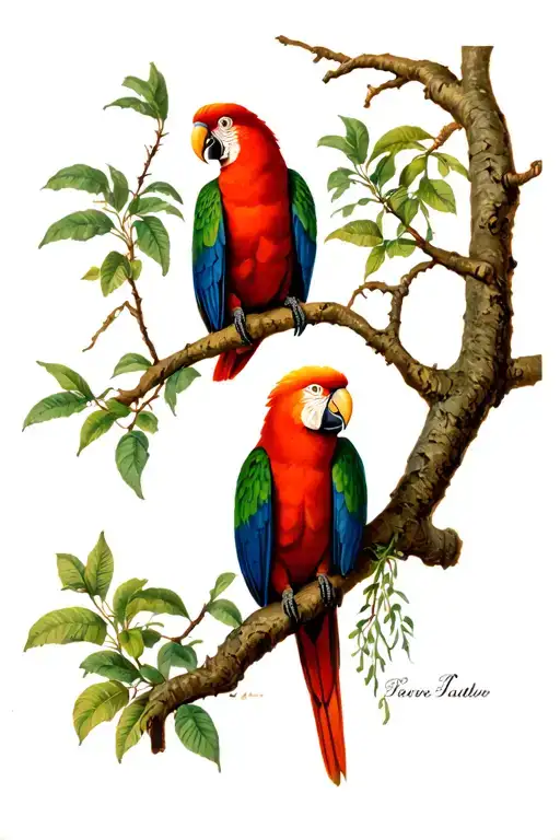 Male And Female King Parrots Looking At Each Other On A Tree Branch