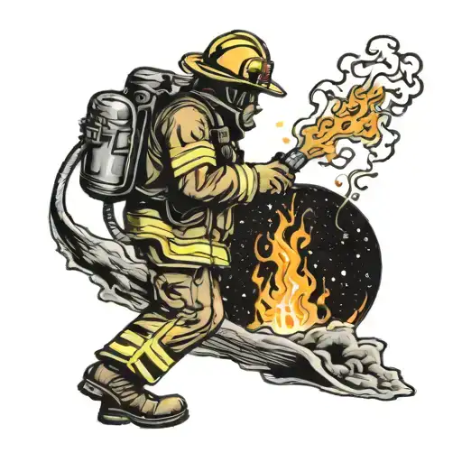 A Traditional Style Tattoo Of A Firefighter Extinguishing Flames On A Distant Planet