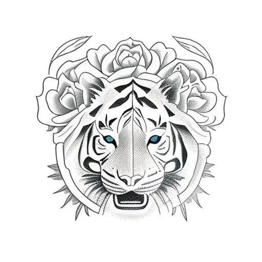 Crawling White Tiger With Roses And Thistles