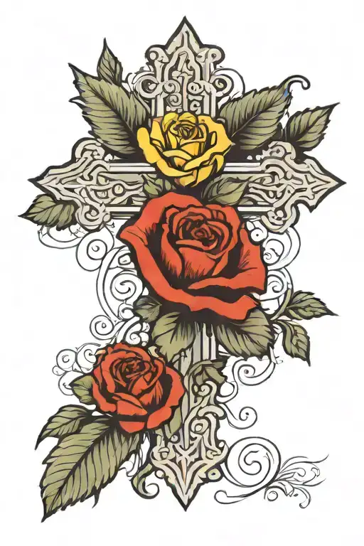 Cross Tattoo With A Yellow Rose And A Red Poppy With Little Black Poppy Seeds On Top Of The Cross