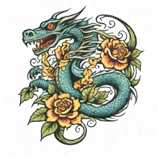 A Traditional Style Tattoo Of A Dragon Intertwined With Vines And Flowers