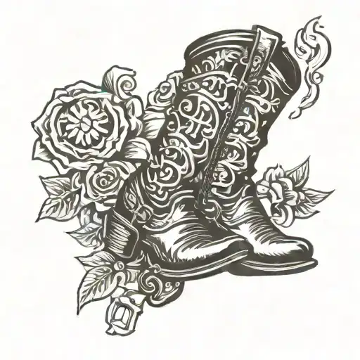A Traditional Style Tattoo Of A Cowboy Boot With A Smoking Gun Tucked Into The Top