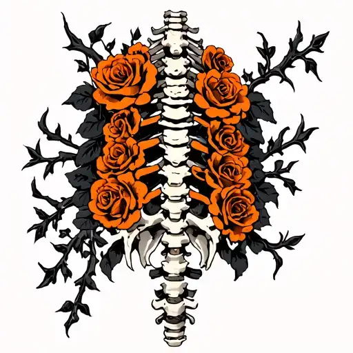 Partial Skeletal Spine With Damage Indicated With Orange With Black Roses And Thorns