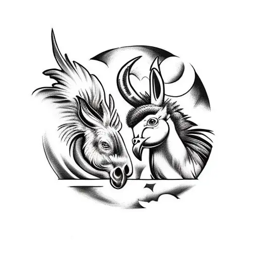 A Black And White Tattoo Design Depicting A Rooster And A Donkey Cuddling Beneath A Moonlight