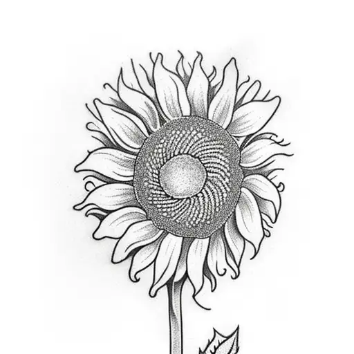 Sunflower On A Single Stem No Leaves Blowing In The Wind Hand-drawn
