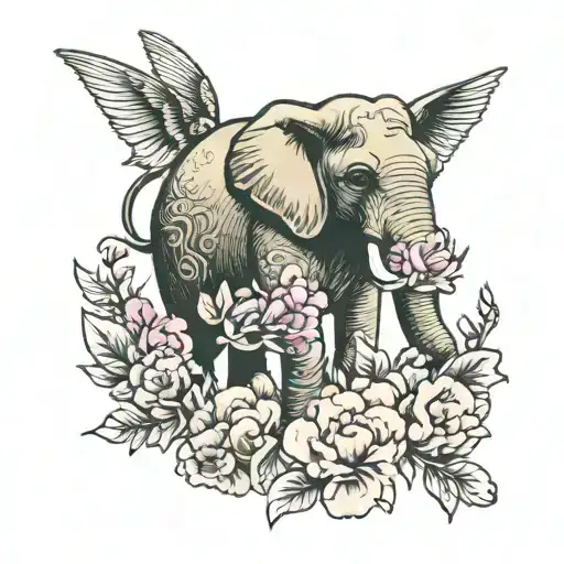 Elephant Surrouned By Pink Carnations And Hummingbirds