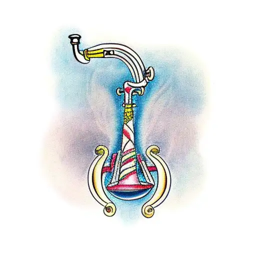 A Traditional Style Tattoo Of A Trumpet With The Word 'Sicily' Incorporated Into The Design