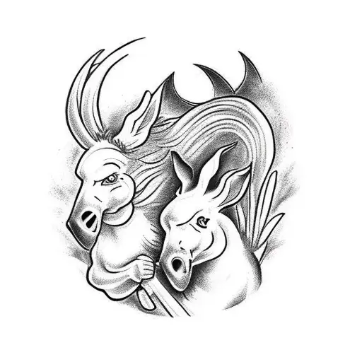 A Black And White Tattoo Design Depicting A Rooster And A Donkey Cuddling Beneath A Moonlight