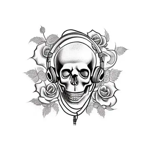 A Skull Wearing Headphones Surrounded By A Vine Of Black Roses