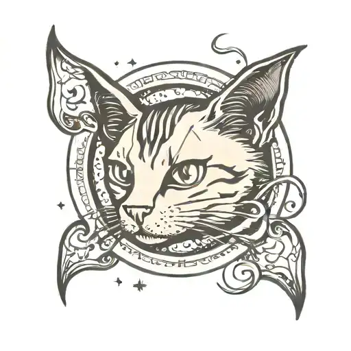 Cat In Crescent Moon With Bats